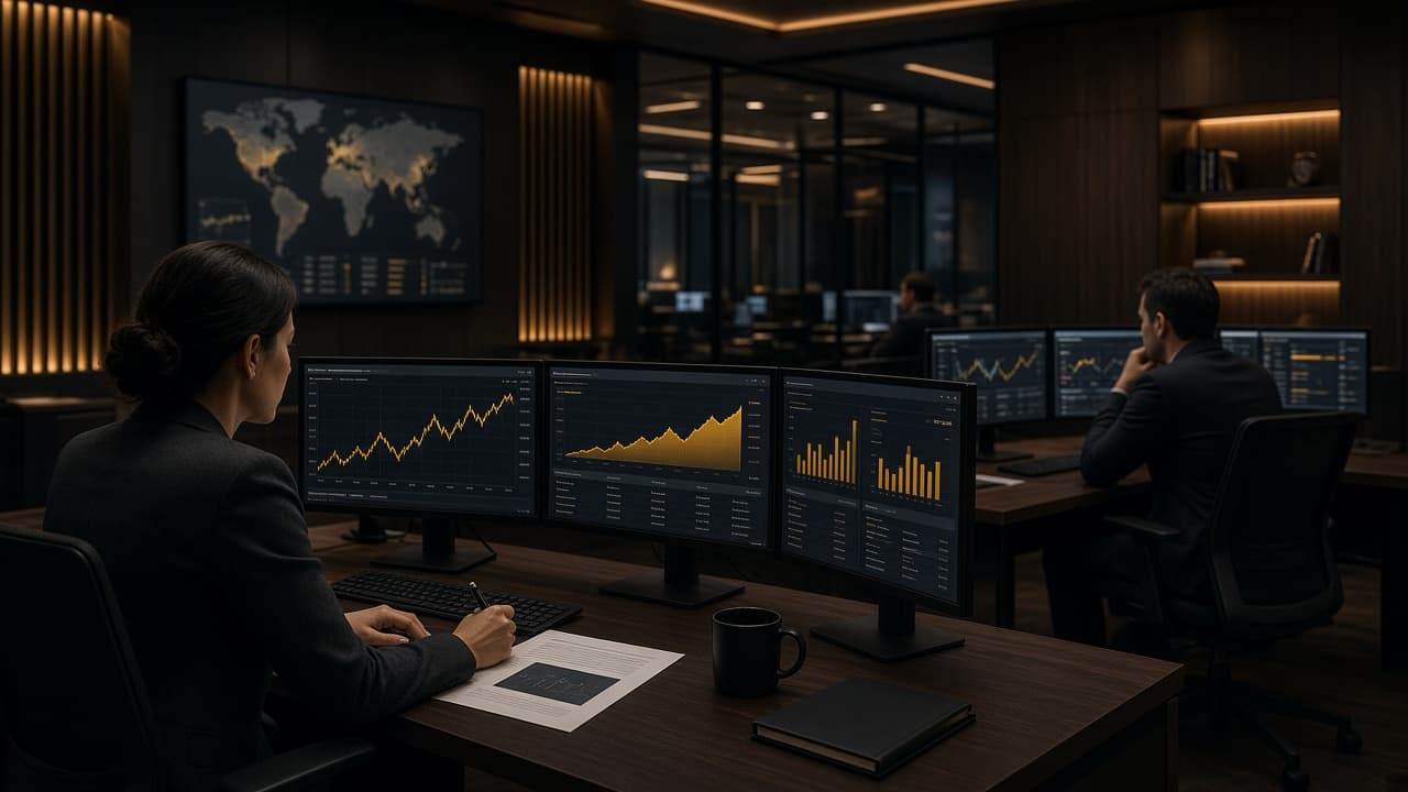Financial operations professionals reviewing reports and dashboards